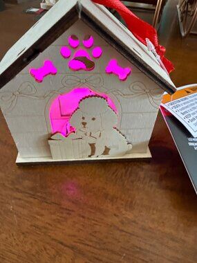 Wooden Light-Up Doghouse Ornament With Poodle Design & Red Ribbon Hanger - Holid